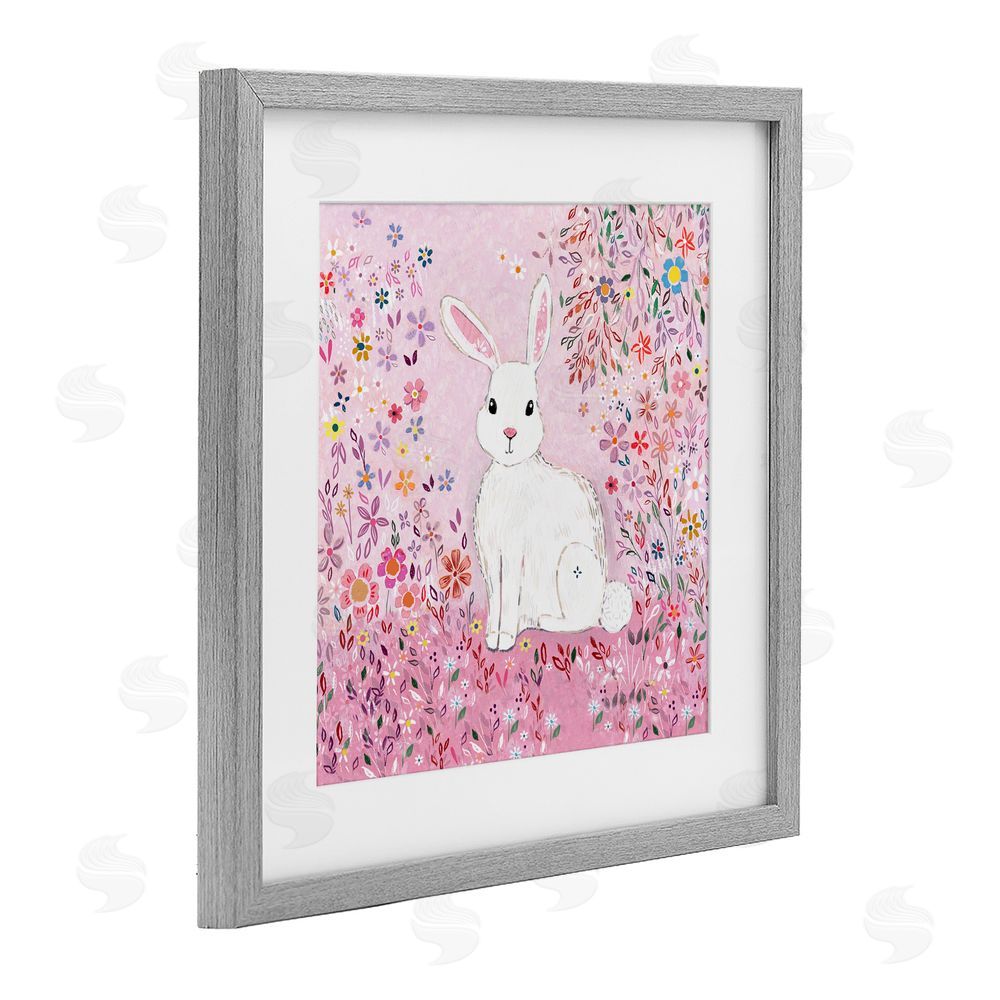Clare Tupper Playful Flopsy Floral Rabbit Gray Framed Print Under Glass with White Mat Wall Art