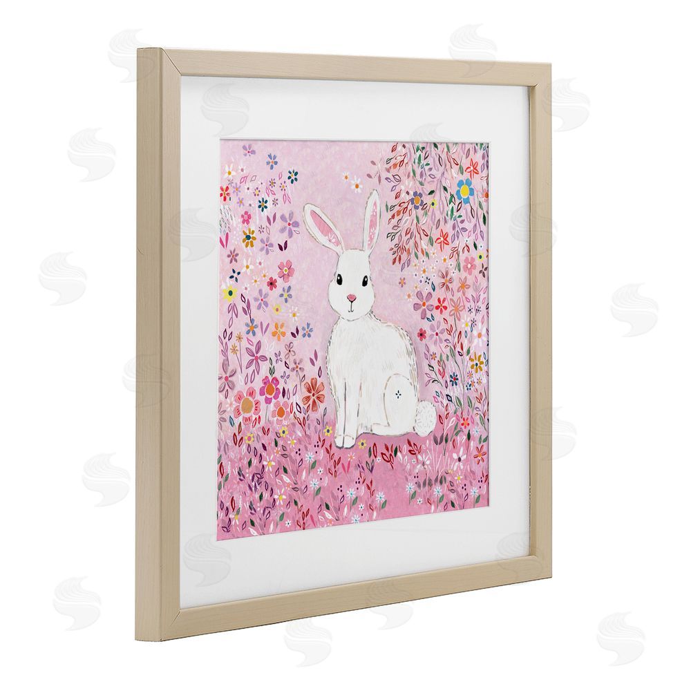 Clare Tupper Playful Flopsy Floral Rabbit Birch Framed Print Under Glass with White Mat Wall Art