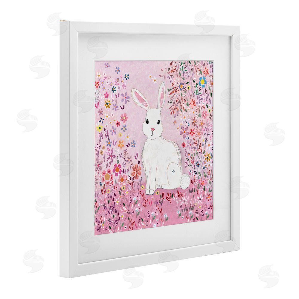 Clare Tupper Playful Flopsy Floral Rabbit White Framed Print Under Glass with Mat Wall Art