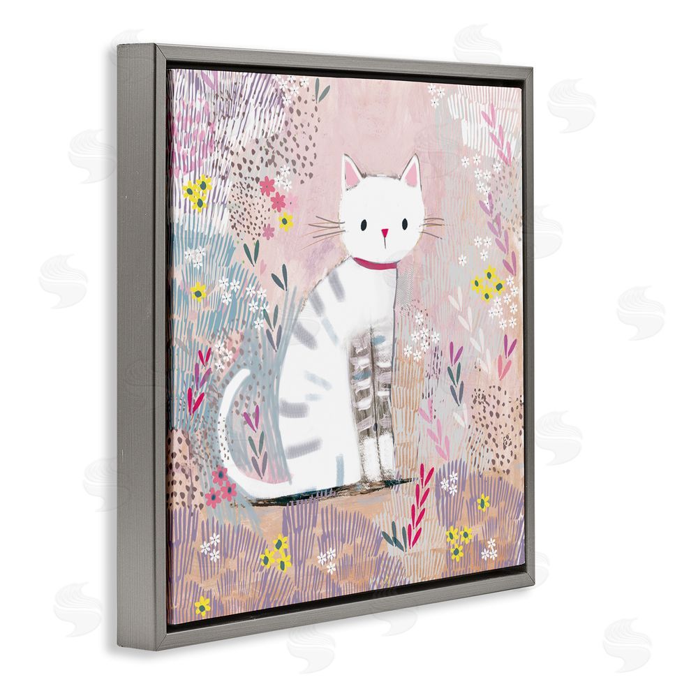 Clare Tupper White Kitten with Stripes Sitting Gray Floating Frame Canvas Wall Art Print