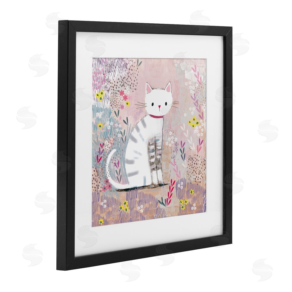 Clare Tupper White Kitten with Stripes Sitting Black Framed Print Under Glass with White Mat Wall Art