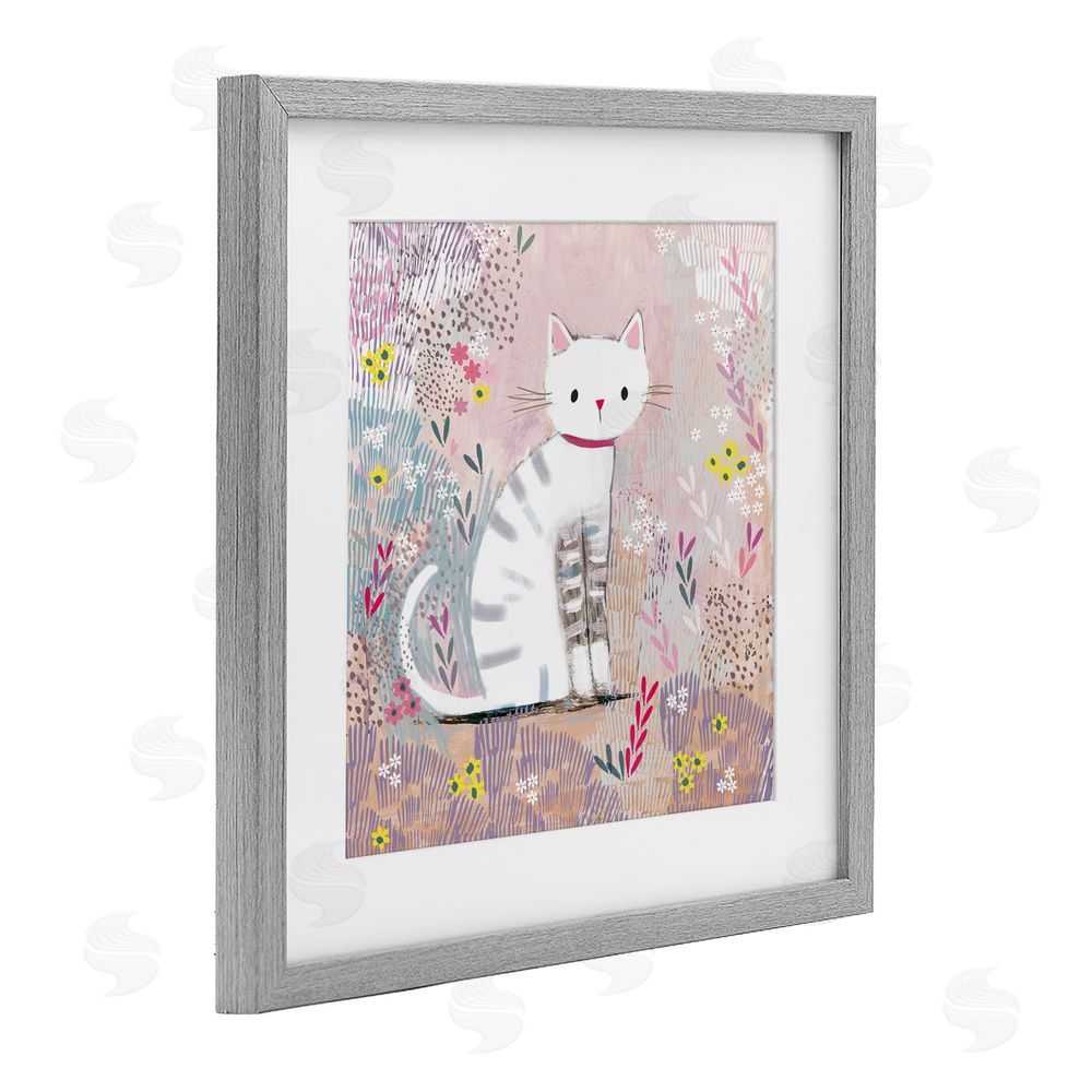 Clare Tupper White Kitten with Stripes Sitting Gray Framed Print Under Glass with White Mat Wall Art