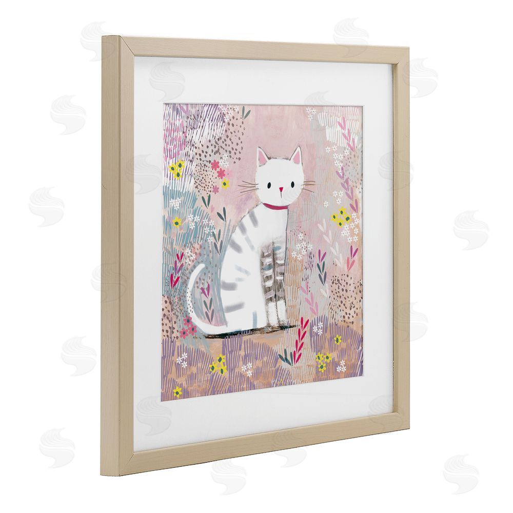 Clare Tupper White Kitten with Stripes Sitting Birch Framed Print Under Glass with White Mat Wall Art