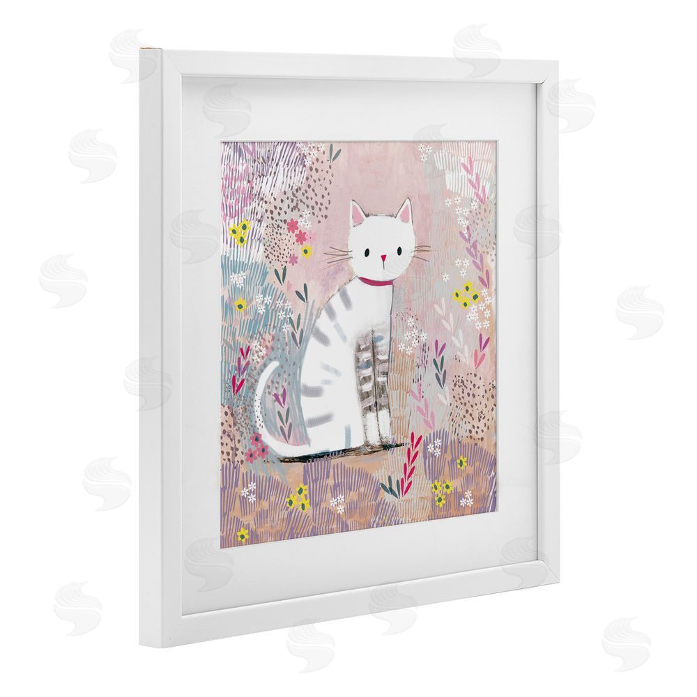 Clare Tupper White Kitten with Stripes Sitting White Framed Print Under Glass with Mat Wall Art
