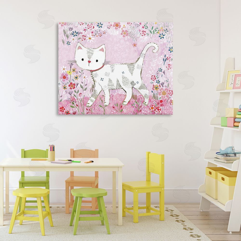 Clare Tupper Walking Cat on Pastel Pink Canvas Art on Wall