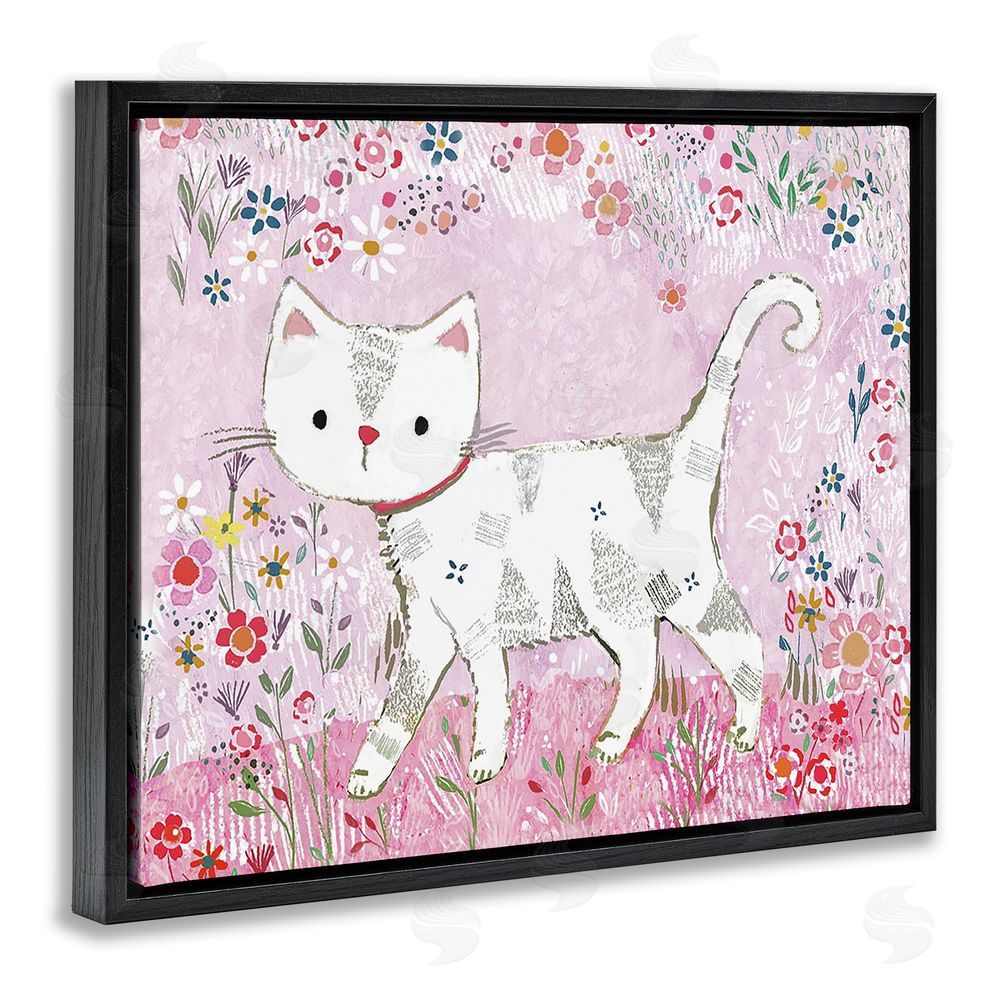 Clare Tupper Walking Cat on Pastel Pink Black Floating Frame Canvas Wall Art Print