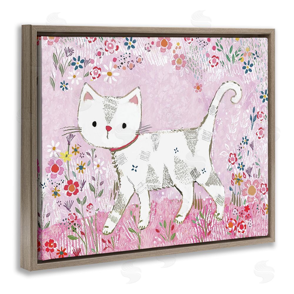 Clare Tupper Walking Cat on Pastel Pink Brown Floating Frame Canvas Wall Art Print