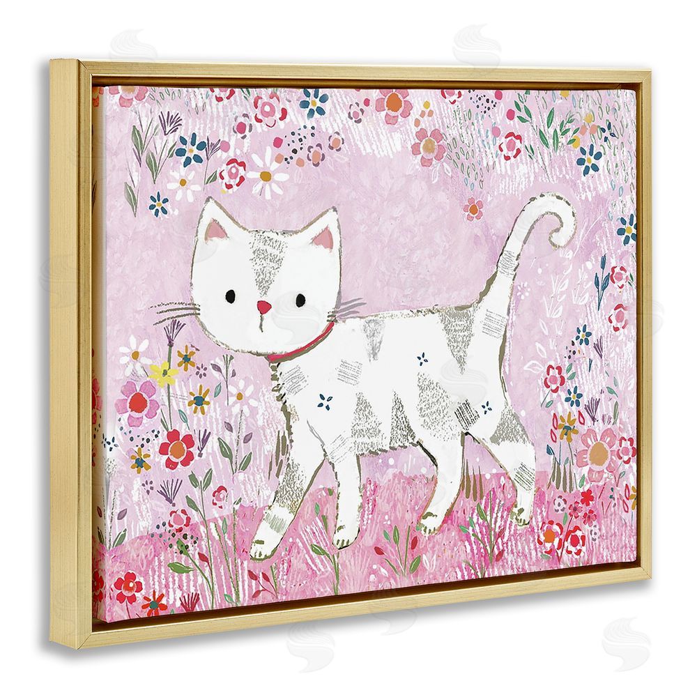Clare Tupper Walking Cat on Pastel Pink Gold Floating Frame Canvas Wall Art Print