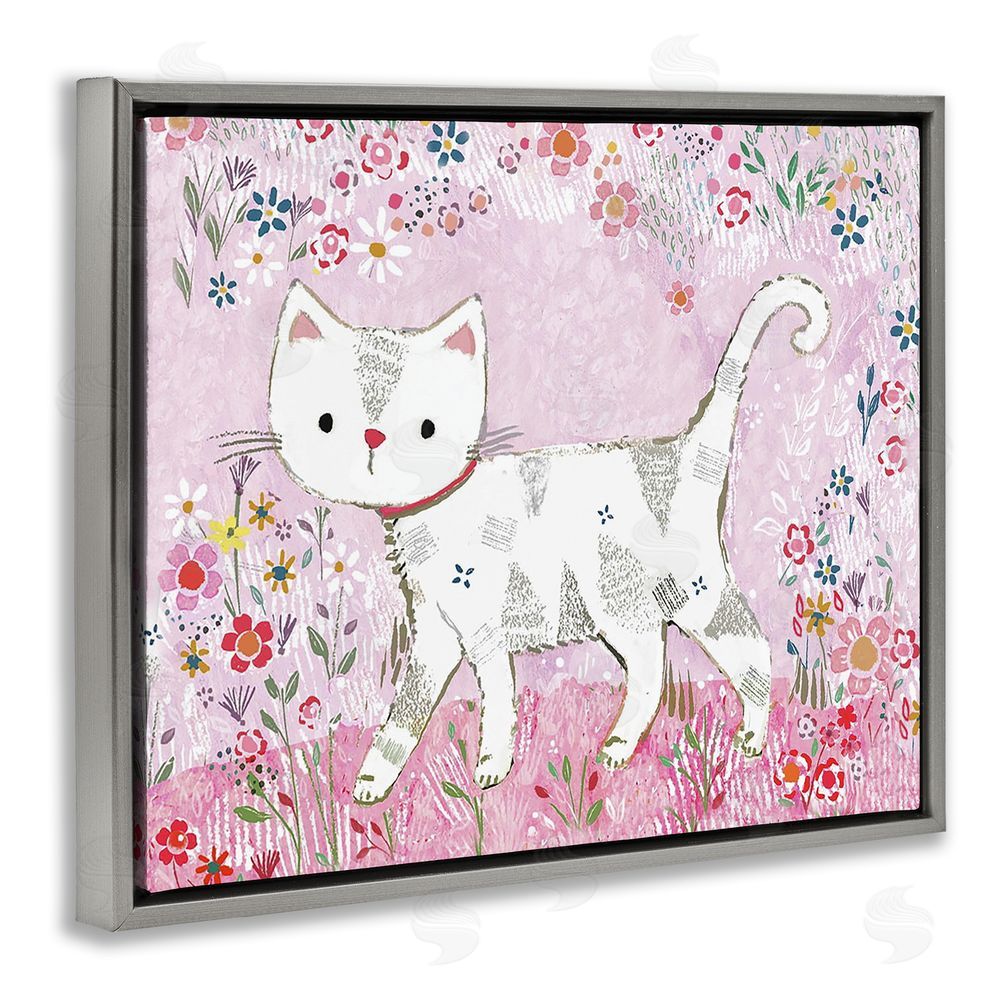 Clare Tupper Walking Cat on Pastel Pink Gray Floating Frame Canvas Wall Art Print