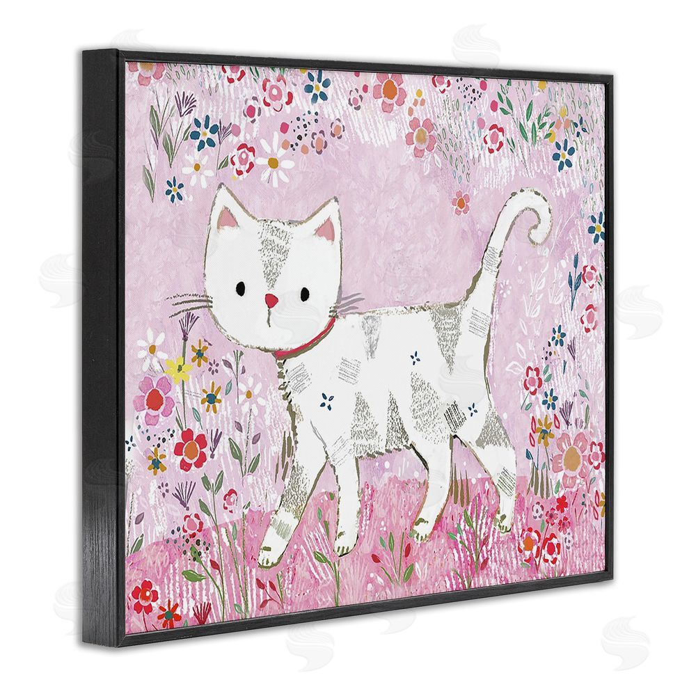 Clare Tupper Walking Cat on Pastel Pink Black Framed Giclee Wall Art Print