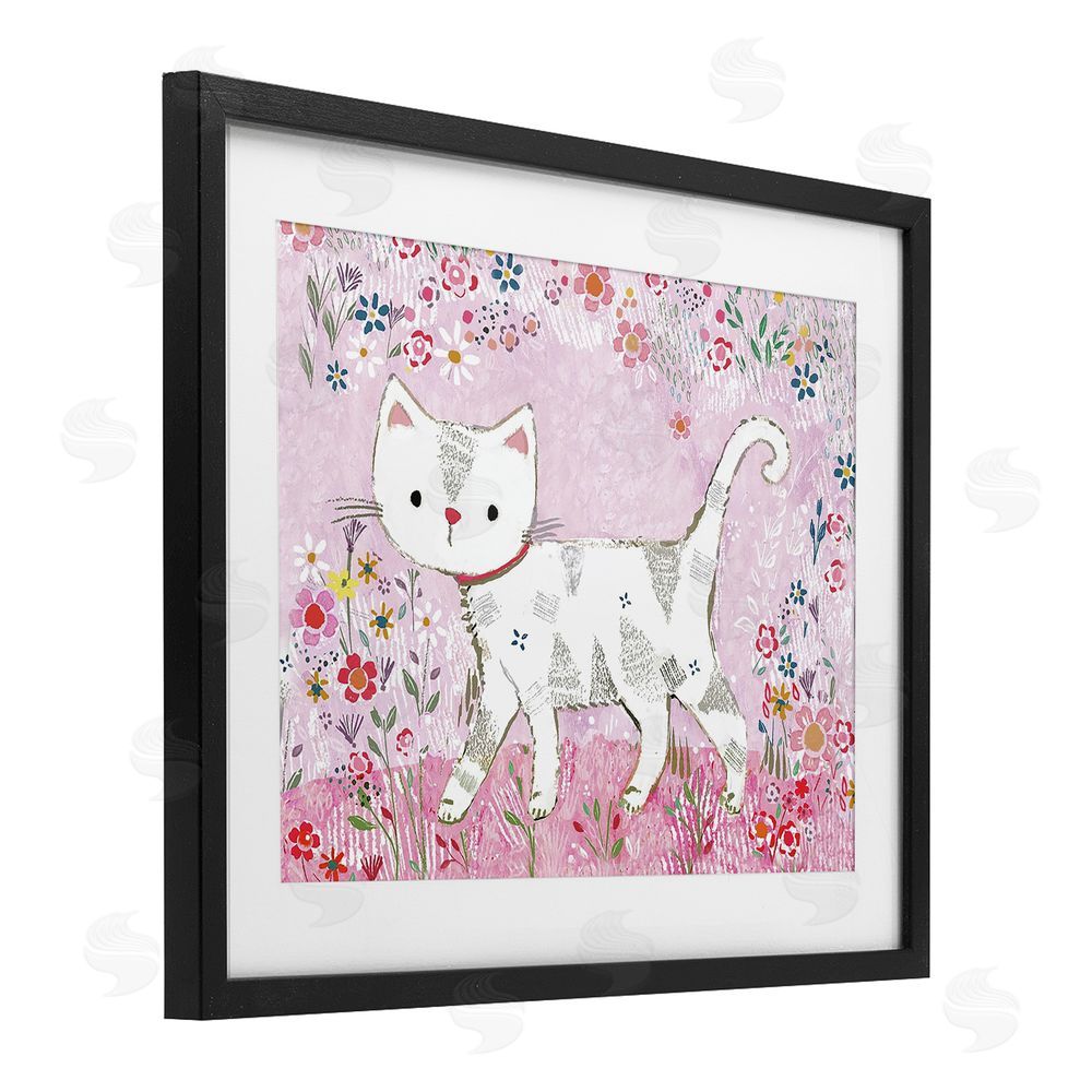 Clare Tupper Walking Cat on Pastel Pink Black Framed Print Under Glass with White Mat Wall Art