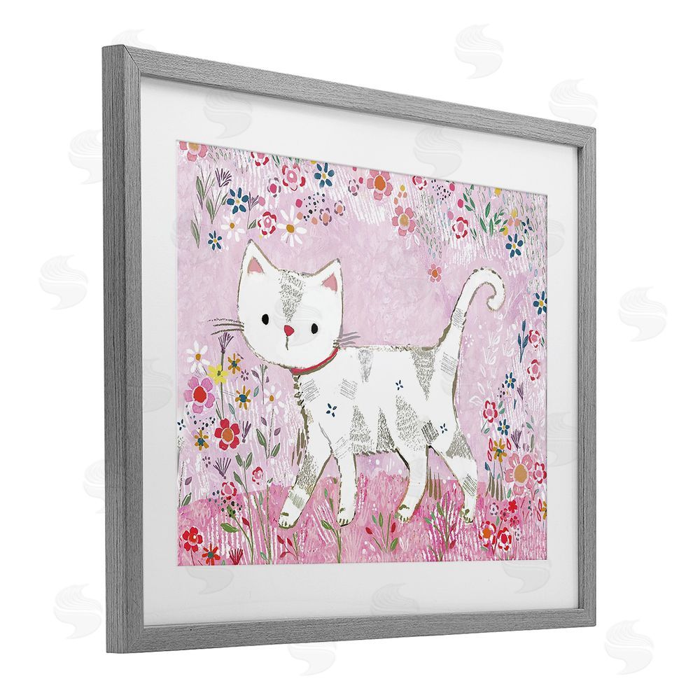 Clare Tupper Walking Cat on Pastel Pink Gray Framed Print Under Glass with White Mat Wall Art