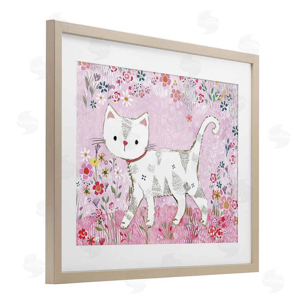 Clare Tupper Walking Cat on Pastel Pink Birch Framed Print Under Glass with White Mat Wall Art