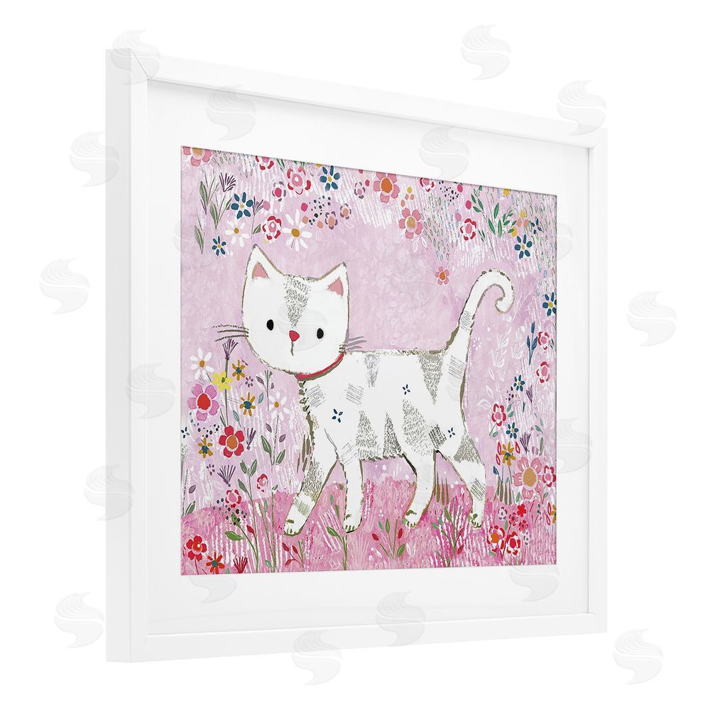 Clare Tupper Walking Cat on Pastel Pink White Framed Print Under Glass with Mat Wall Art