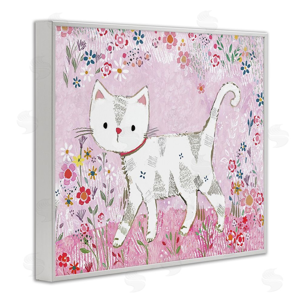 Clare Tupper Walking Cat on Pastel Pink White Framed Giclee Wall Art Print