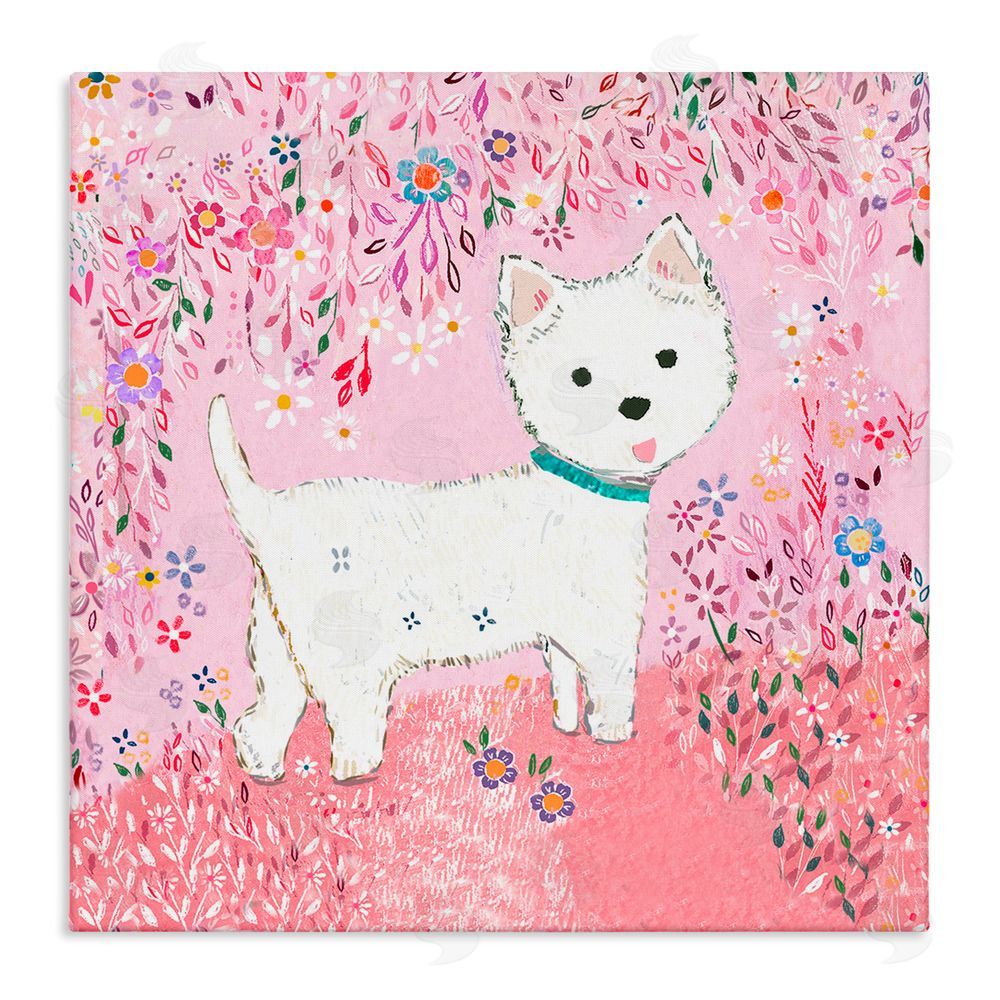 Clare Tupper Lola Pink Floral Puppy Canvas Wall Art Print
