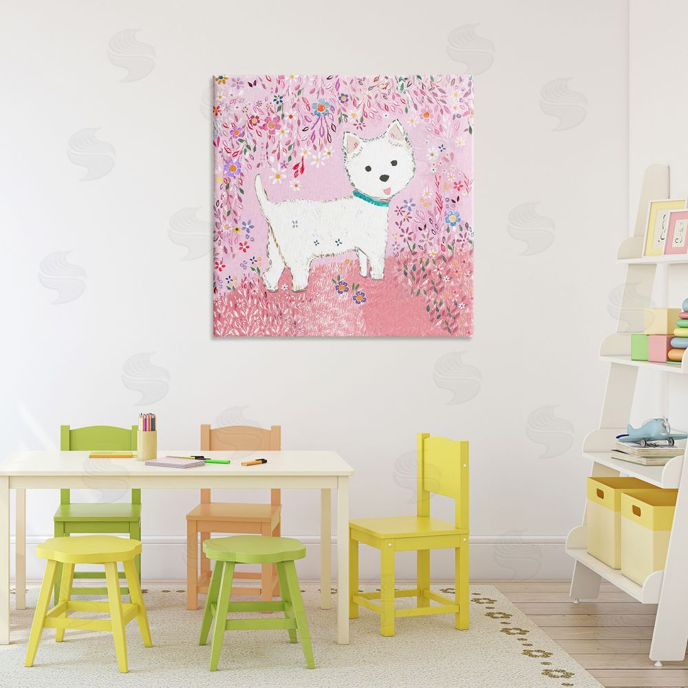 Clare Tupper Lola Pink Floral Puppy Canvas Art on Wall