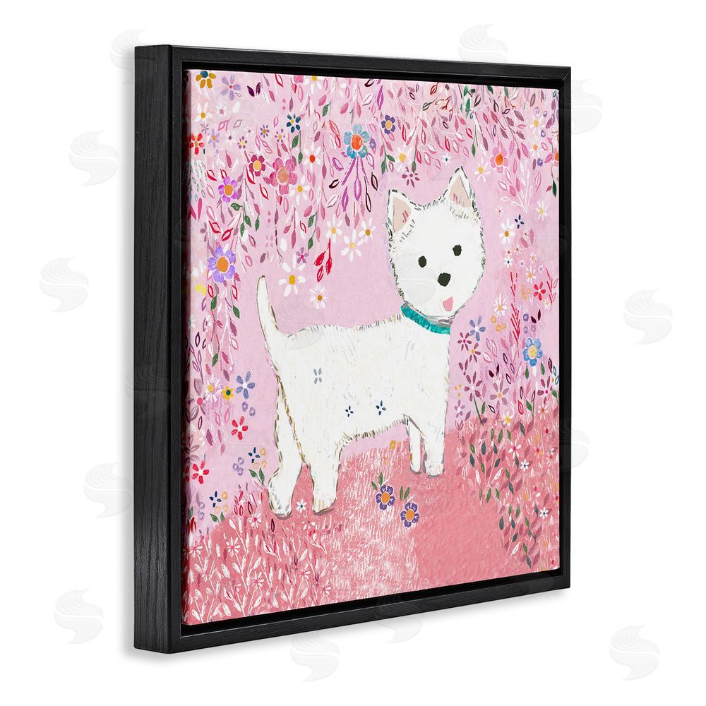Clare Tupper Lola Pink Floral Puppy Black Floating Frame Canvas Wall Art Print