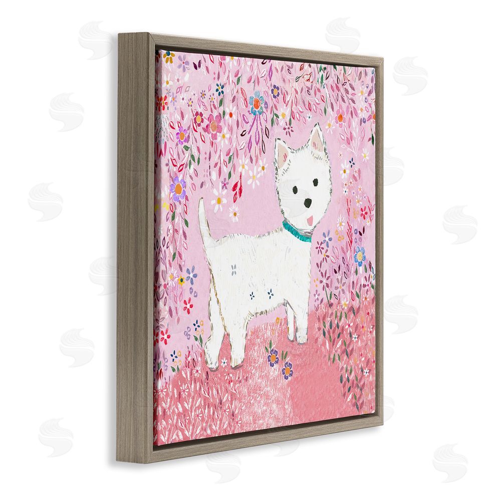 Clare Tupper Lola Pink Floral Puppy Brown Floating Frame Canvas Wall Art Print