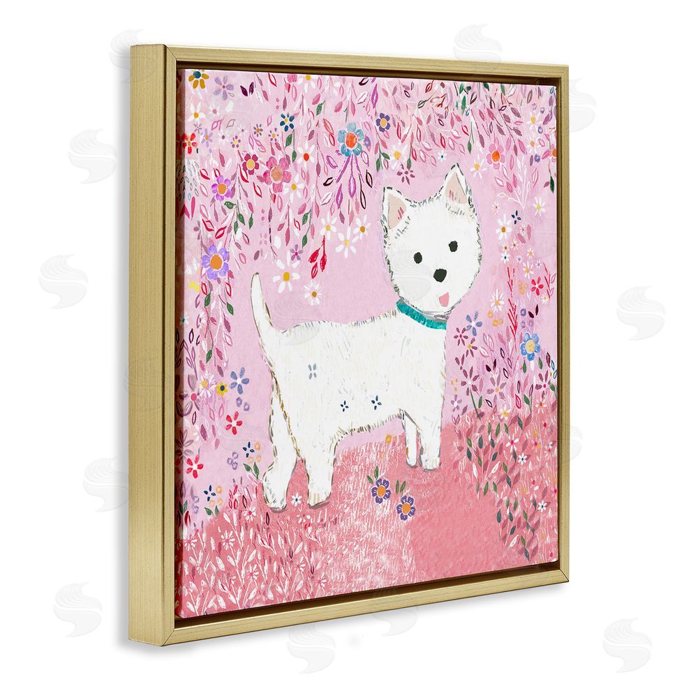 Clare Tupper Lola Pink Floral Puppy Gold Floating Frame Canvas Wall Art Print