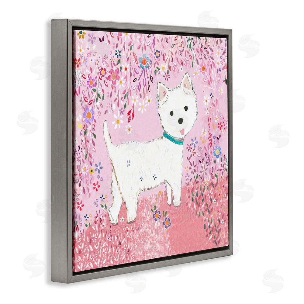 Clare Tupper Lola Pink Floral Puppy Gray Floating Frame Canvas Wall Art Print
