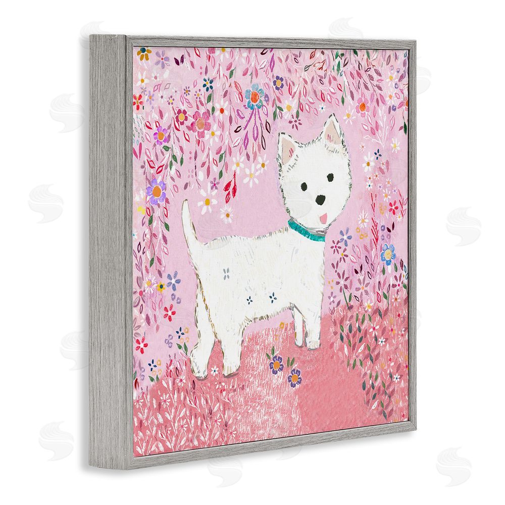 Clare Tupper Lola Pink Floral Puppy Gray Framed Giclee Wall Art Print
