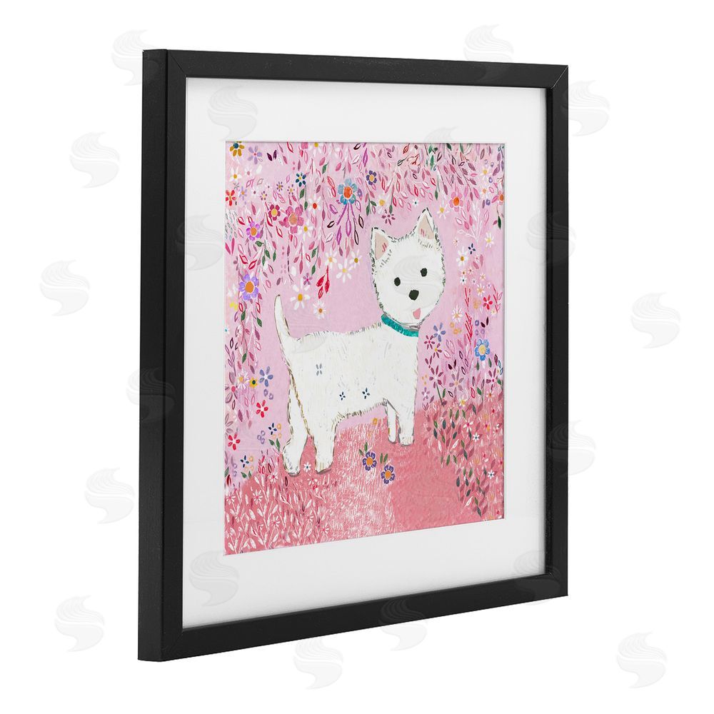 Clare Tupper Lola Pink Floral Puppy Black Framed Print Under Glass with White Mat Wall Art