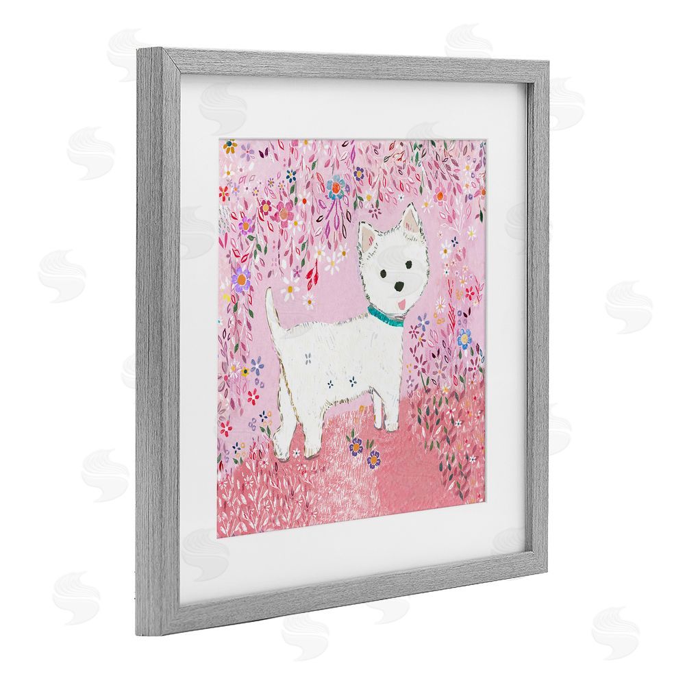 Clare Tupper Lola Pink Floral Puppy Gray Framed Print Under Glass with White Mat Wall Art