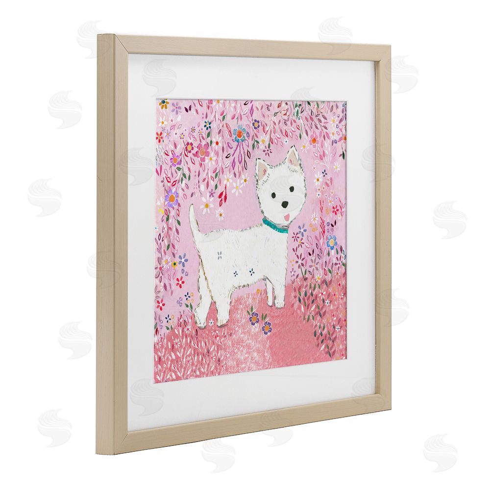 Clare Tupper Lola Pink Floral Puppy Birch Framed Print Under Glass with White Mat Wall Art