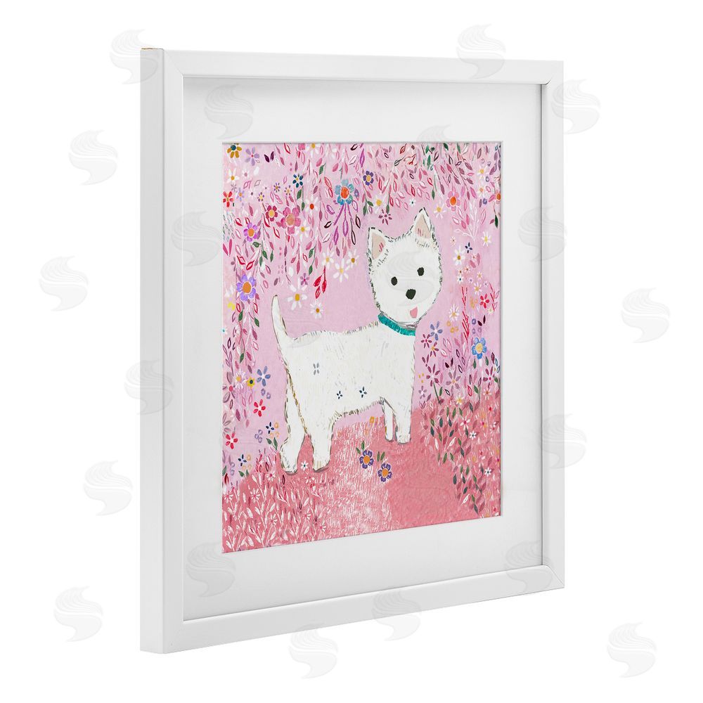 Clare Tupper Lola Pink Floral Puppy White Framed Print Under Glass with Mat Wall Art