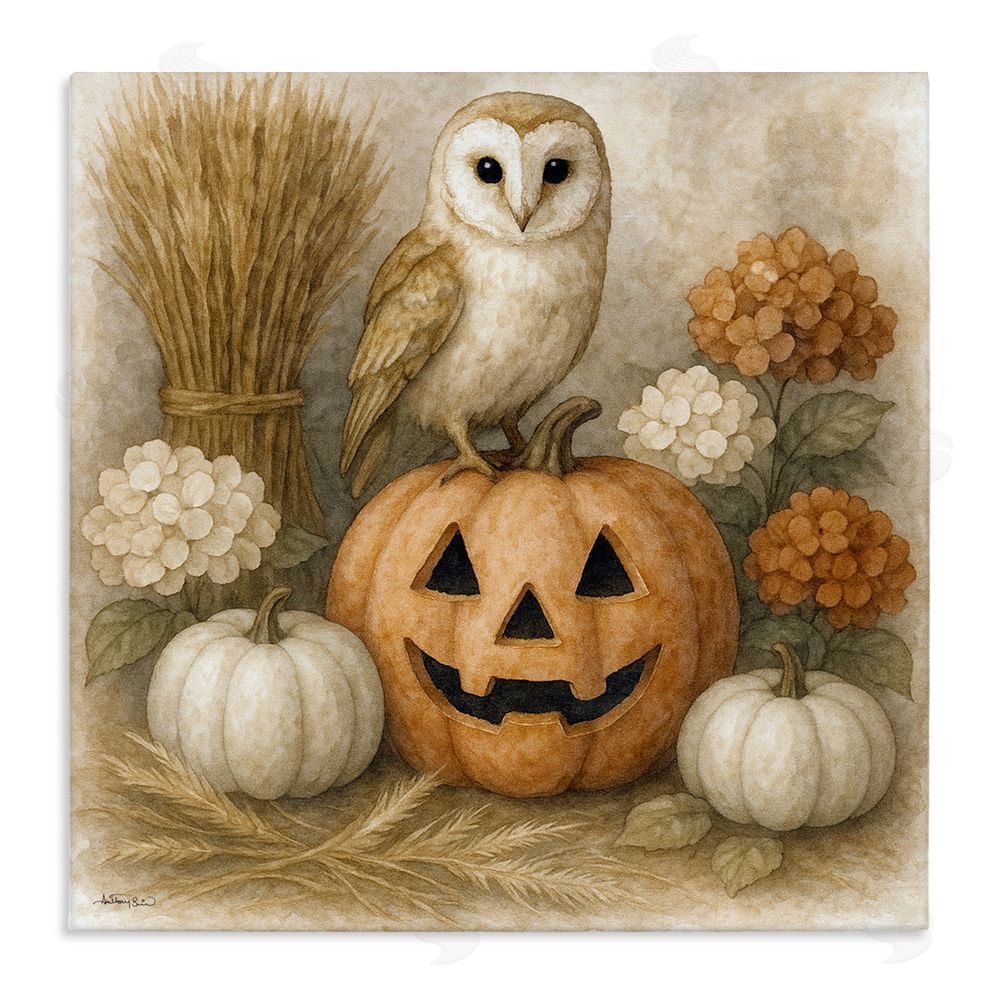 Antony Smith Autumn Harvest Owl & Jack-o-Lantern Canvas Wall Art Print