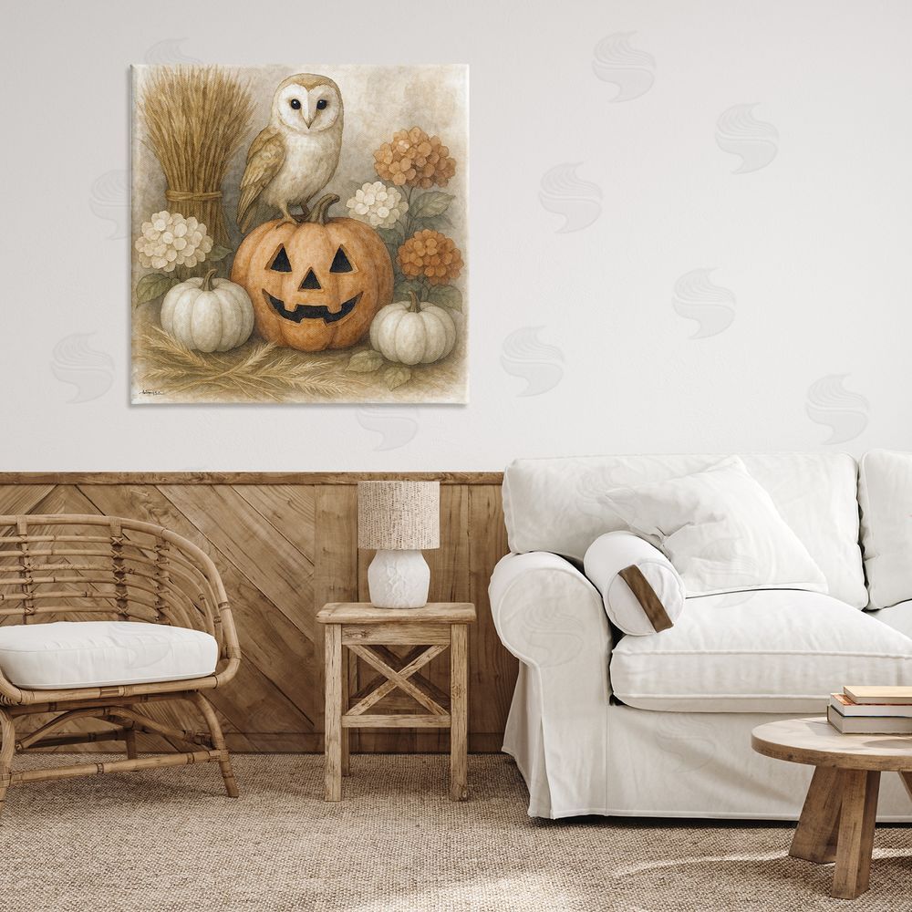 Antony Smith Autumn Harvest Owl & Jack-o-Lantern Printed Wall Art in Room