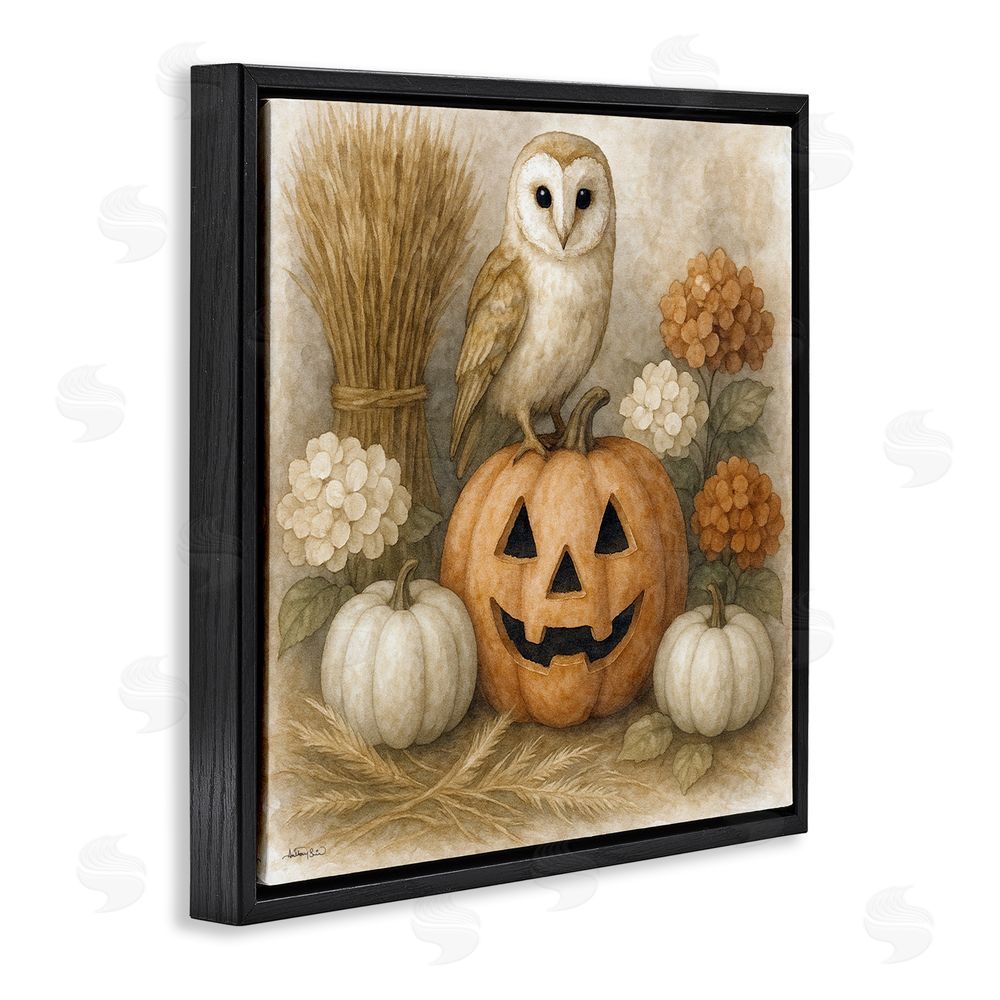 Antony Smith Autumn Harvest Owl & Jack-o-Lantern Black Floating Frame Canvas Wall Art Print