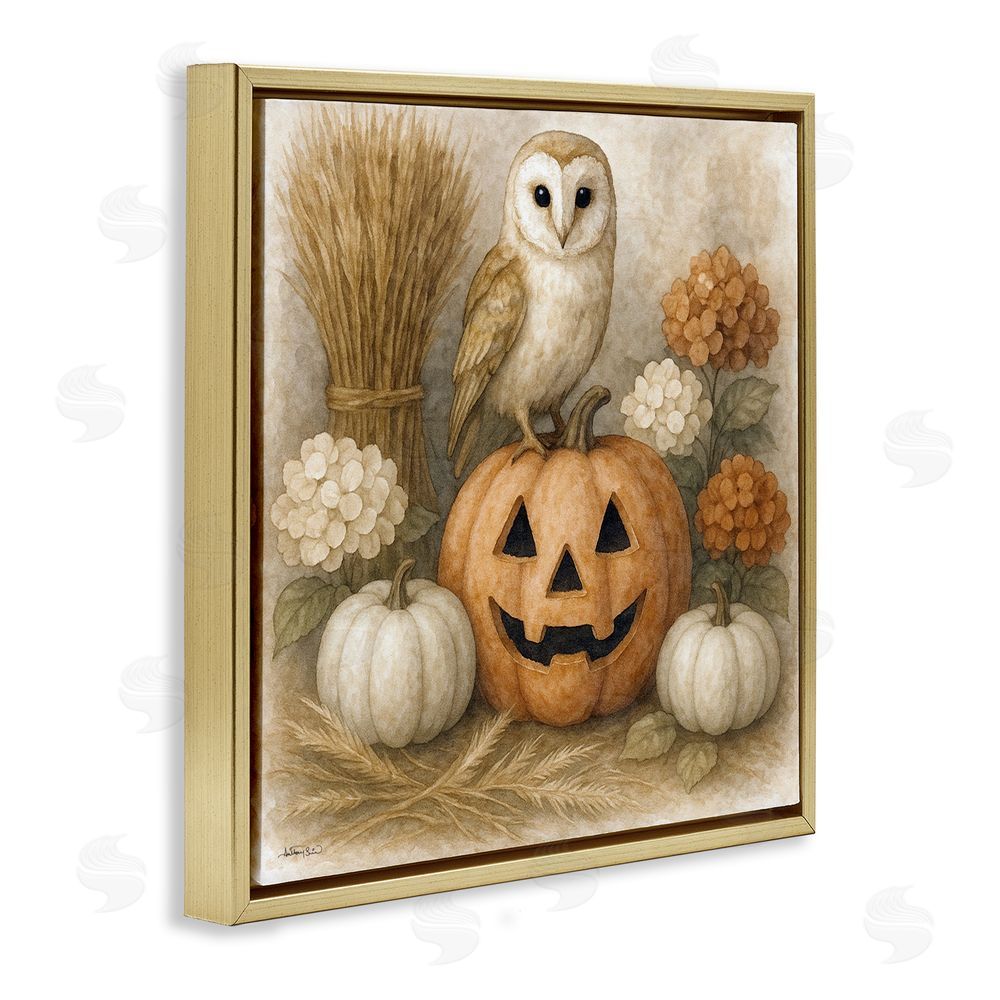 Antony Smith Autumn Harvest Owl & Jack-o-Lantern Gold Floating Frame Canvas Art Print