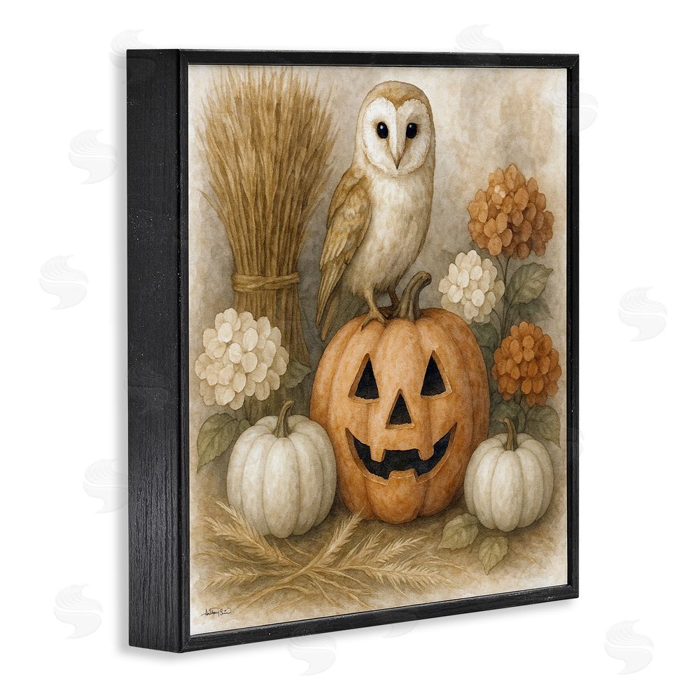 Antony Smith Autumn Harvest Owl & Jack-o-Lantern Black Framed Giclee Art Print