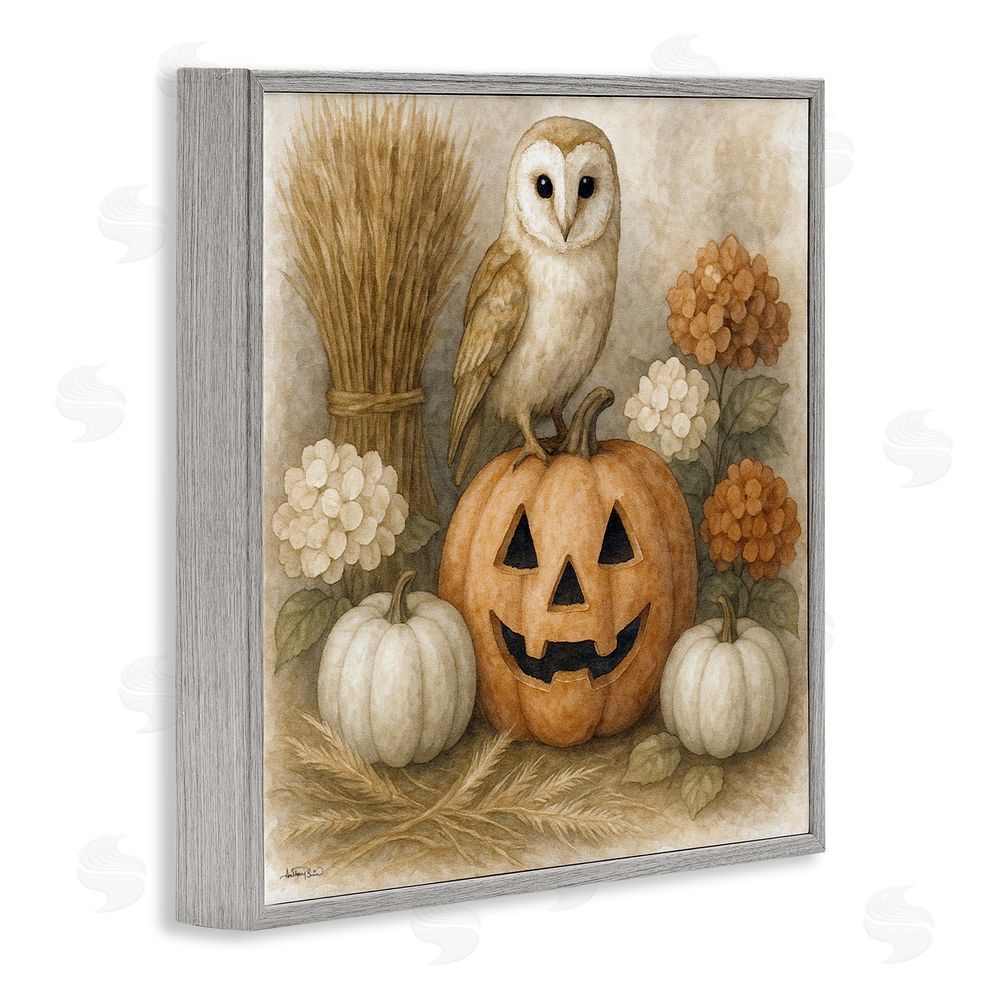 Antony Smith Autumn Harvest Owl & Jack-o-Lantern Gray Framed Giclee Art Print