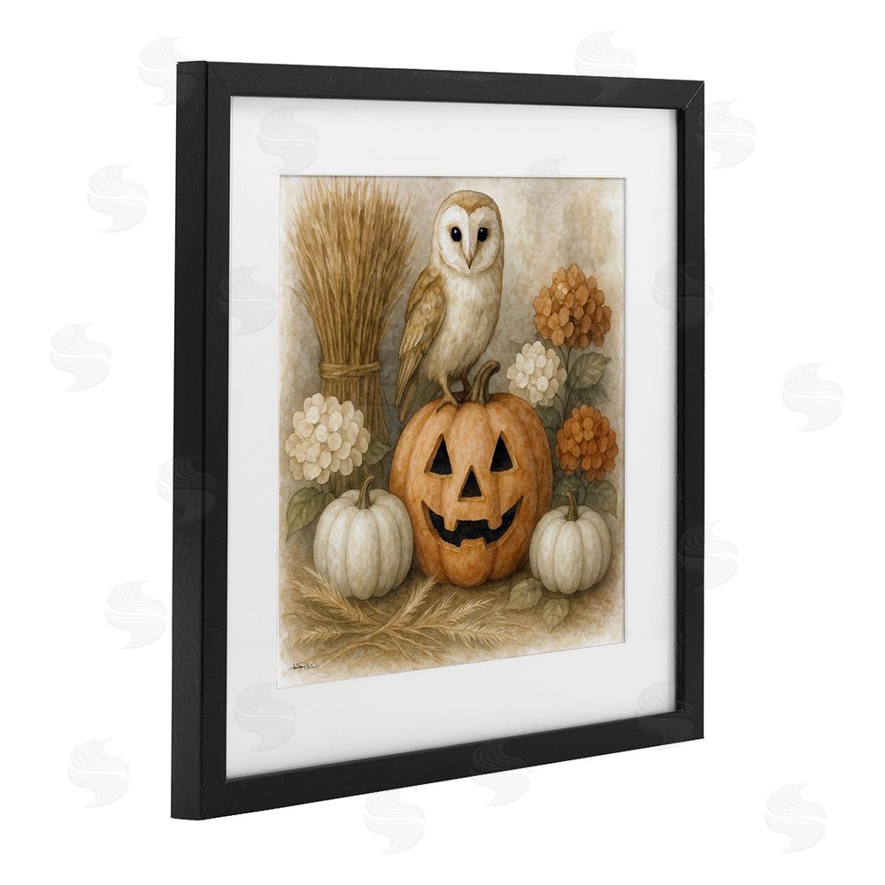 Antony Smith Autumn Harvest Owl & Jack-o-Lantern Black Framed Print Under Glass Art