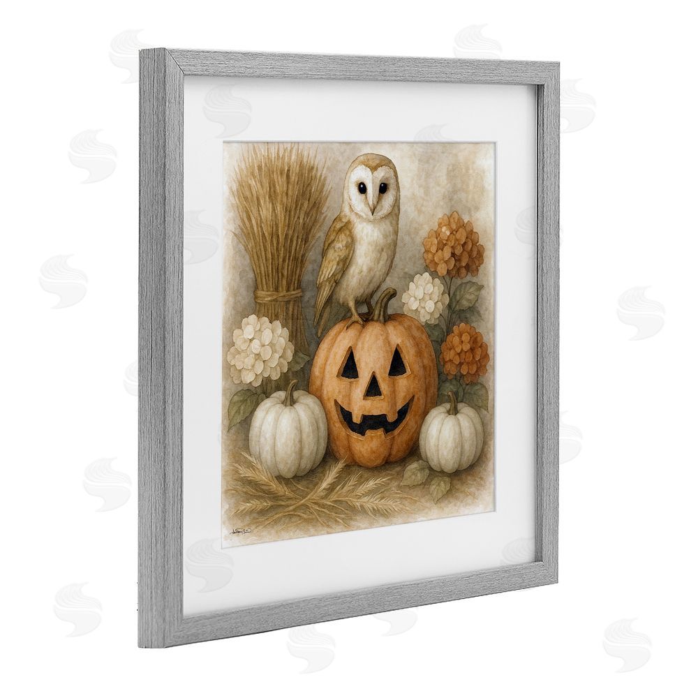 Antony Smith Autumn Harvest Owl & Jack-o-Lantern Gray Framed Print Under Glass Art