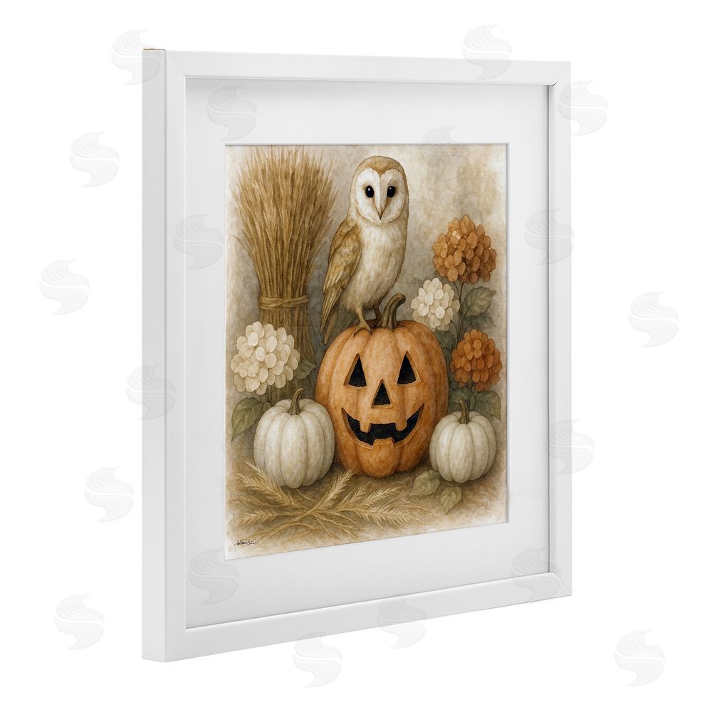 Antony Smith Autumn Harvest Owl & Jack-o-Lantern White Framed Print Under Glass Art