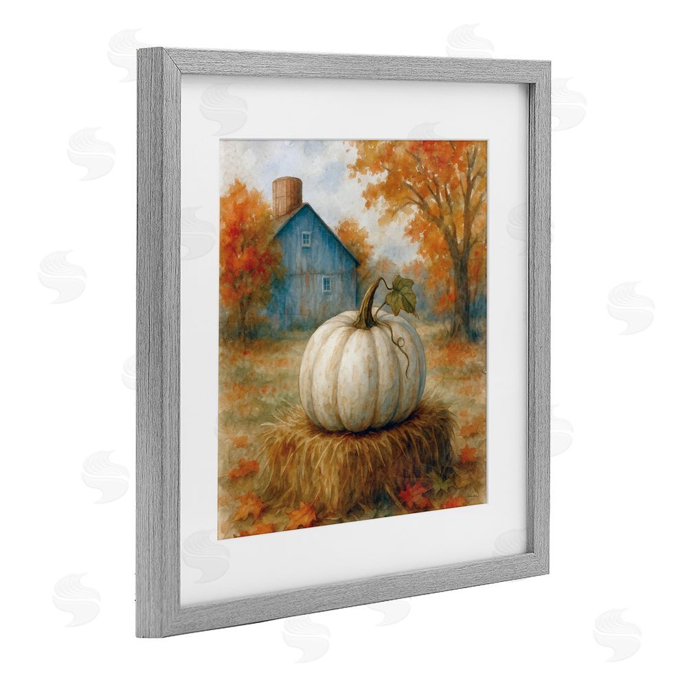 Antony Smith Harvest Pumpkin on Hay Bale Gray Framed Print Under Glass Art
