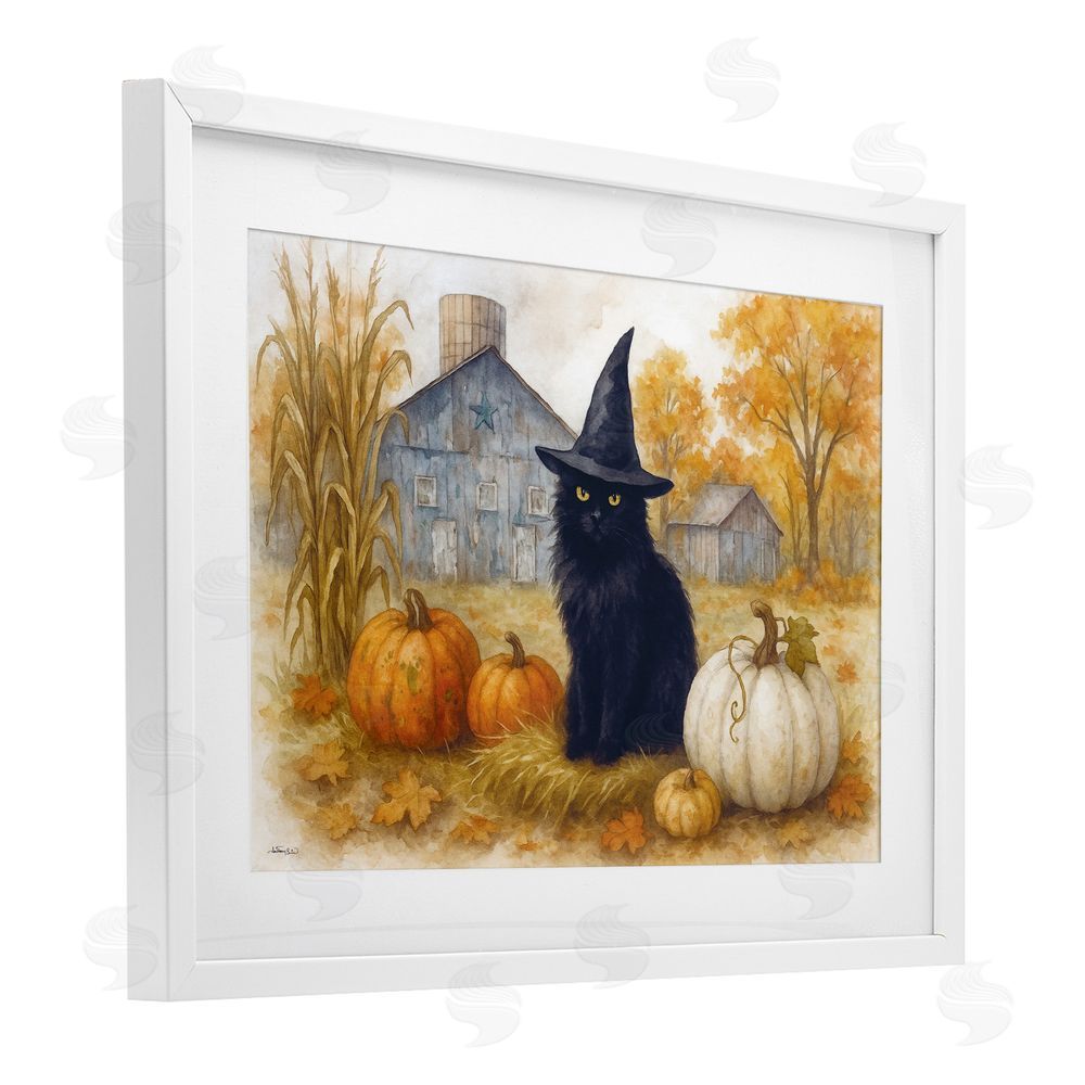 Antony Smith Witch Cat Autumnal Farm White Framed Print Under Glass Art