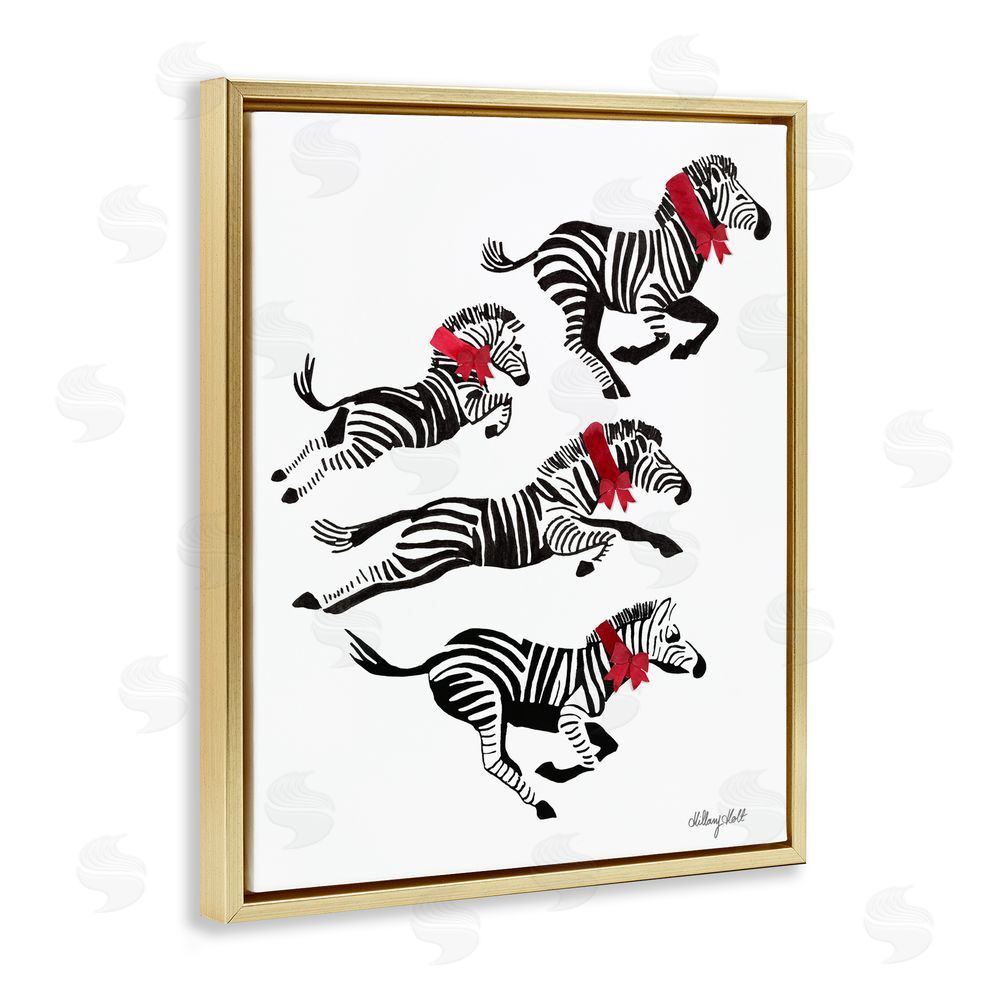 Hillary Holt Zebra Stampede with Ribbons Gold Floating Frame Canvas Wall Art Print