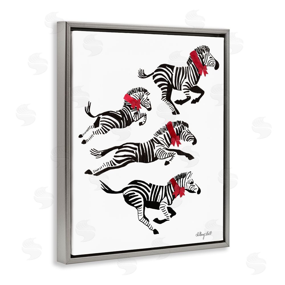 Hillary Holt Zebra Stampede with Ribbons Gray Floating Frame Canvas Wall Art Print