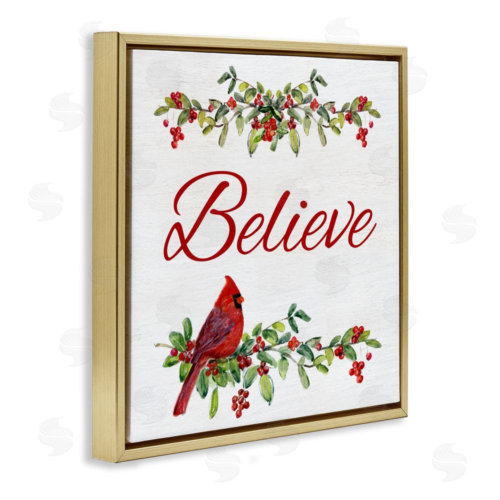 Sally Swatland Festive Believe Greenery Gold Floating Frame Canvas Art Print