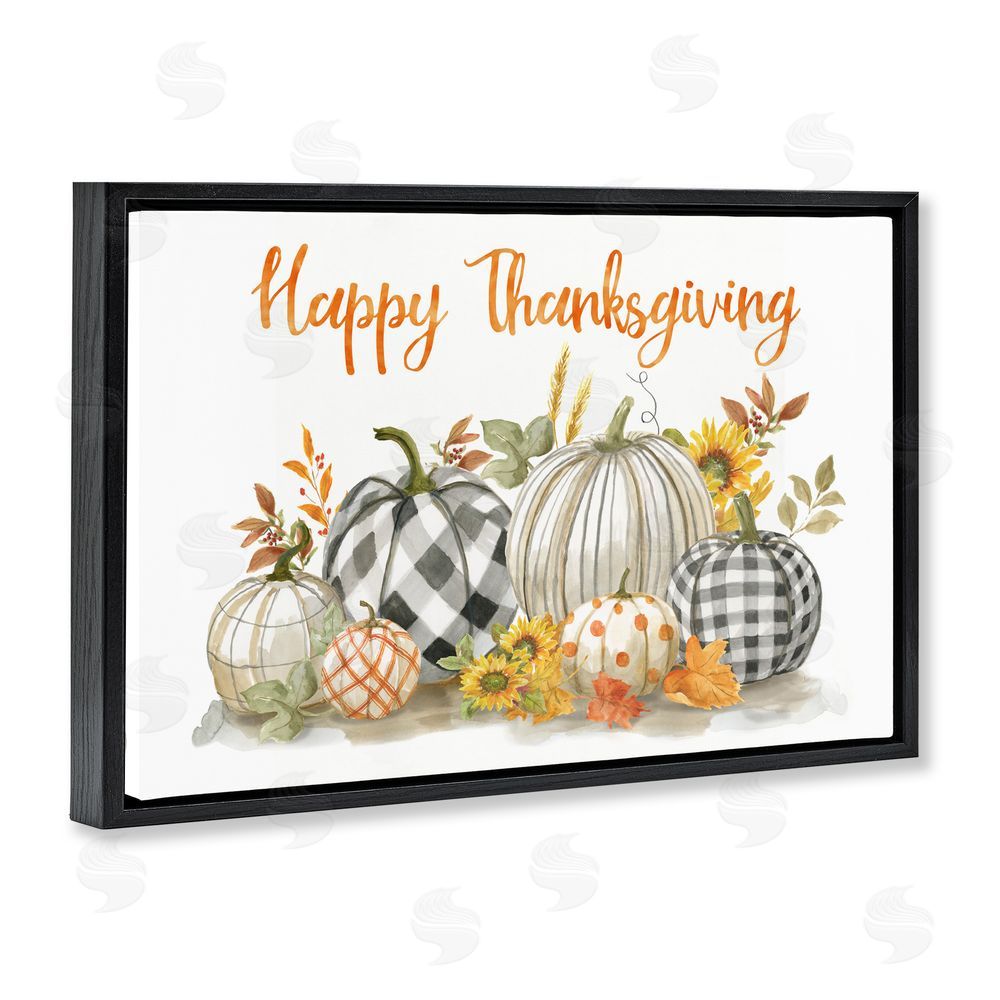 Nan Plaid & Patterned Thanksgiving Pumpkins Black Floating Frame Canvas Wall Art Print