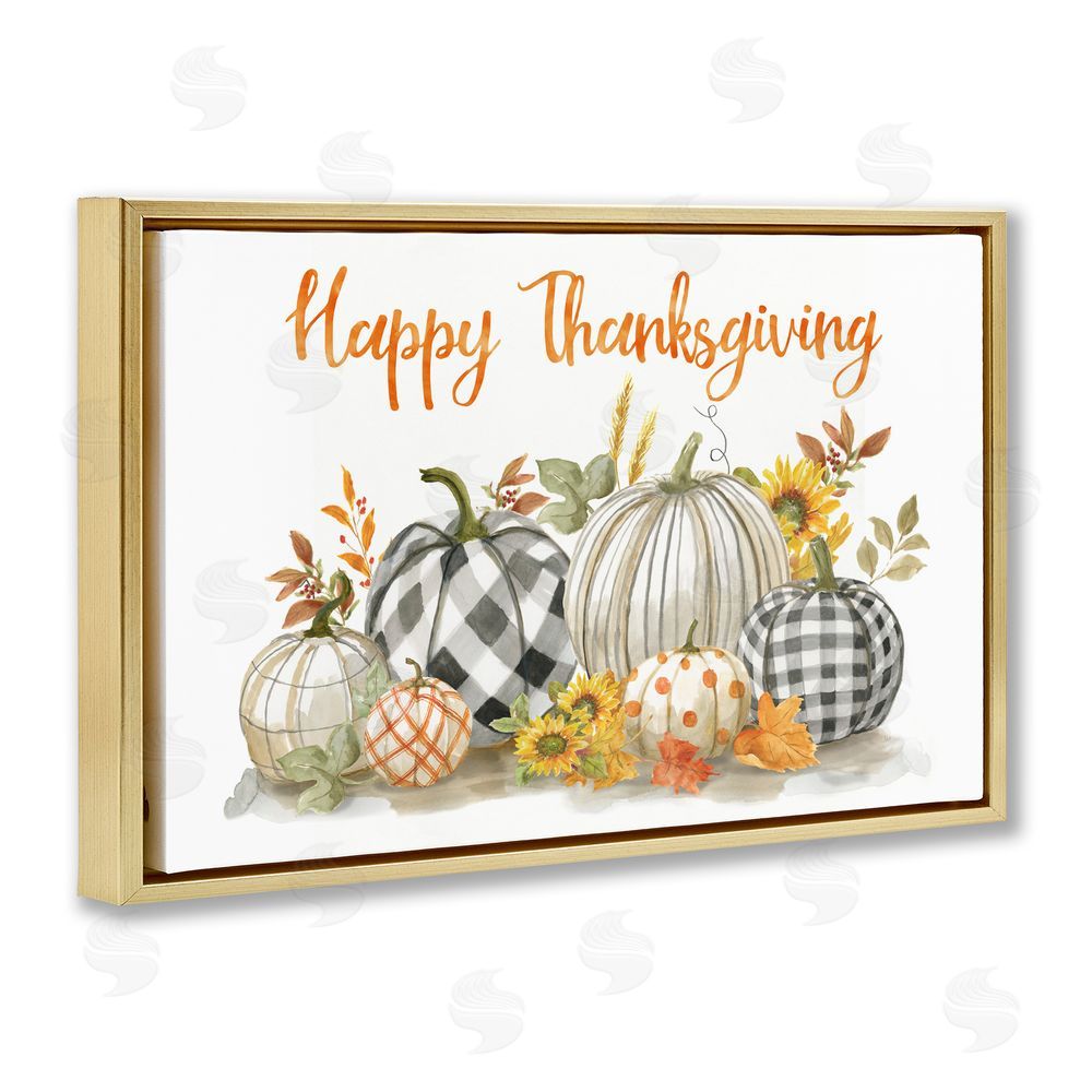 Nan Plaid & Patterned Thanksgiving Pumpkins Gold Floating Frame Canvas Art Print