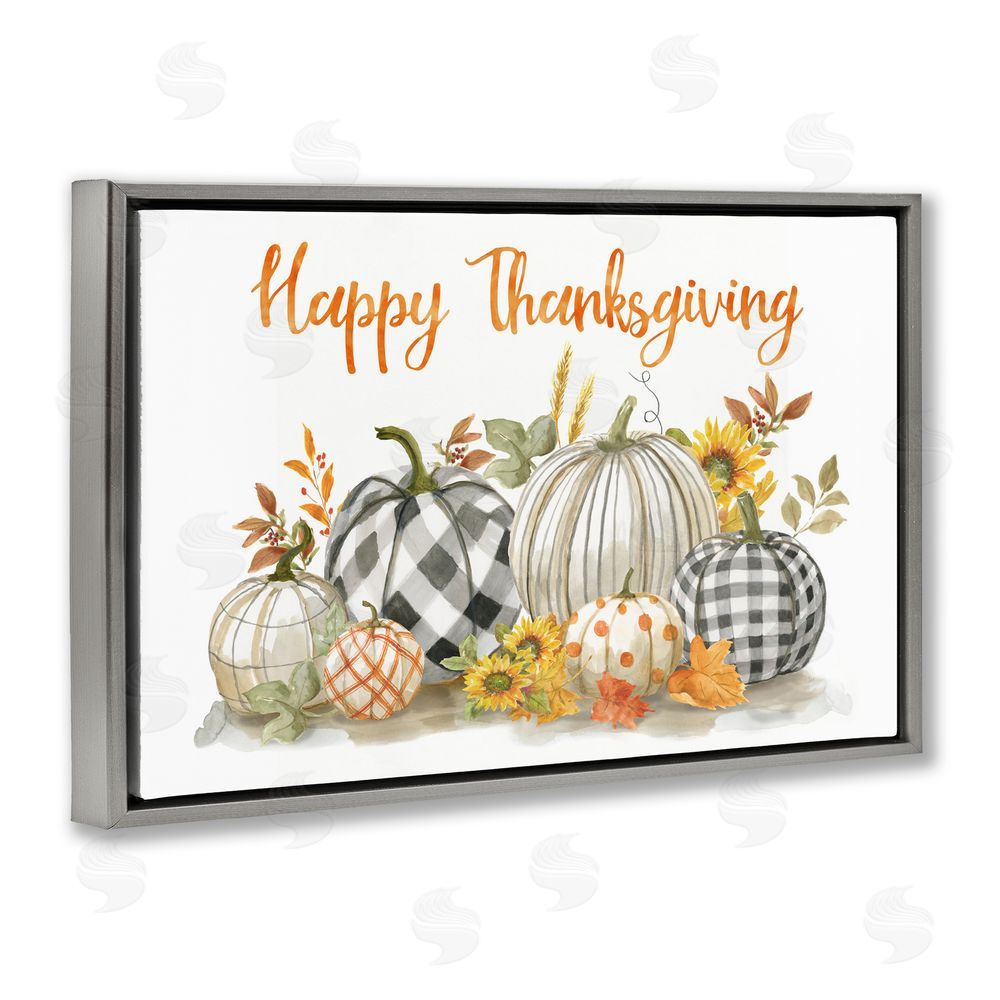 Nan Plaid & Patterned Thanksgiving Pumpkins Gray Floating Frame Canvas Art Print