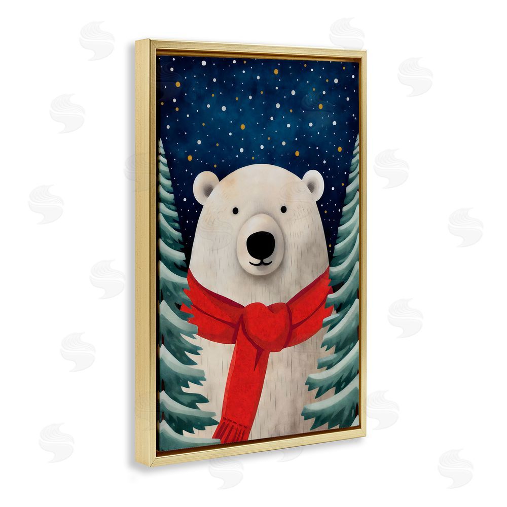 The Dutch Lady Merry Polar Bear with Scarf Gold Floating Frame Canvas Wall Art Print