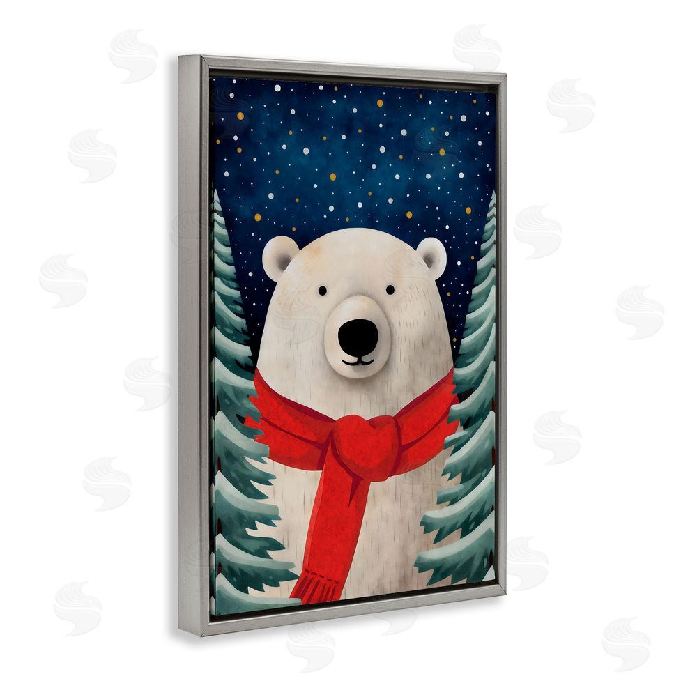 The Dutch Lady Merry Polar Bear with Scarf Gray Floating Frame Canvas Wall Art Print