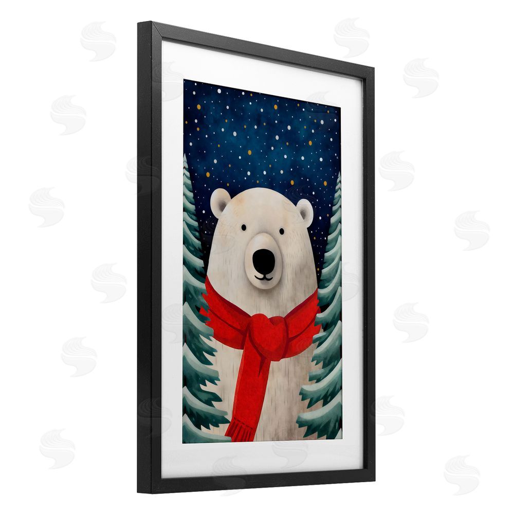 The Dutch Lady Merry Polar Bear with Scarf Black Framed Print Under Glass with White Mat Wall Art